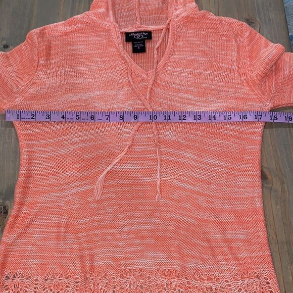 Hooked Up by lOT Peach Mal Open Knit V-Neck Hooded Sweater Size Small - Picture 11 of 13